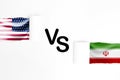 USA Flag And Iran Flag On White Paper Was Torn. United State Of America And Iran Have Conflict In Nuclear Weapons And Strait Of