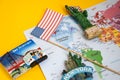 Usa flag and magnets from new york and san francisco over world map with pins