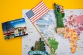 Usa flag and magnets from new york and san francisco over world map with pins