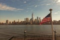USA flag in NY. US American flag on NYC from drone. American Memorial, Veteran's Day, 4th of July. American Flag Royalty Free Stock Photo