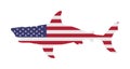USA flag over Shark vector silhouette isolated on white. Sea predator. Danger on beach alert. Open jaws beast. The biggest fear.
