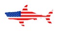 USA flag over Shark vector silhouette isolated on white. Sea predator. Danger on beach alert. Open jaws beast. Fear for divers.