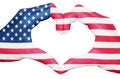 USA flag painted on hands forming a heart isolated on white background, United States of America national and patriotism concept Royalty Free Stock Photo