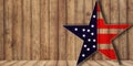 Usa flag in star shape on wood, background with copy space Royalty Free Stock Photo