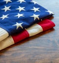 USA flag, US of America sign symbol on wood, closeup view