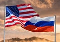 Usa Flag on Ussr Russia Flag with sky in background Royalty Free Stock Photo