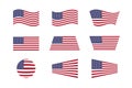 USA flags flat set. Vector illustration. Symbol of United States of America. Round, rectangular, waving flag isolated on Royalty Free Stock Photo