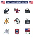 9 USA Flat Filled Line Pack of Independence Day Signs and Symbols of bird; police sign; drum; star; men