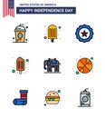 9 USA Flat Filled Line Pack of Independence Day Signs and Symbols of usa; elephent; glass; cream; ice cream