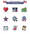 9 USA Flat Filled Line Pack of Independence Day Signs and Symbols of football; usa; dollar; star; men