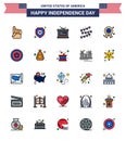 25 USA Flat Filled Line Pack of Independence Day Signs and Symbols of independence day; holiday; drum; party bulb; buntings