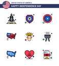 9 USA Flat Filled Line Signs Independence Day Celebration Symbols of american; thanksgiving; sign; map; sign