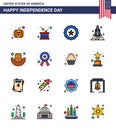 16 USA Flat Filled Line Signs Independence Day Celebration Symbols of american; transport; glass; spaceship; launcher