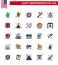 25 USA Flat Filled Line Signs Independence Day Celebration Symbols of building; sports; bird; bat; ball