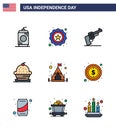 9 USA Flat Filled Line Signs Independence Day Celebration Symbols of camp; sweet; gun; muffin; cake