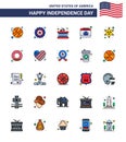 25 USA Flat Filled Line Signs Independence Day Celebration Symbols of donut; police; sticks; military; day