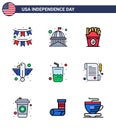 9 USA Flat Filled Line Signs Independence Day Celebration Symbols of eagle; animal; usa; american; food