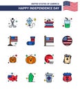 16 USA Flat Filled Line Signs Independence Day Celebration Symbols of usa; flag; instrument; country; summer