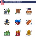 9 USA Flat Filled Line Signs Independence Day Celebration Symbols of heart; medal; cake; independence day; holiday