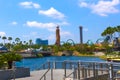 USA, FLORIDA, ORLANDO - MAY 8, 2018: Universal studios city walk. Lighthouse, entrance to Islands of Adventure. Royalty Free Stock Photo