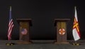 USA and Guernsey flags. USA and Guernsey flag. USA and Guernsey negotiations. Rostrum for speeches. 3D work and 3D image