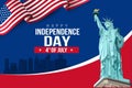 USA Happy Independence Day 4th of July. Flyer, banner, poster, greeting card. Template with flag and statue of liberty on blue Royalty Free Stock Photo