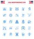 USA Happy Independence DayPictogram Set of 25 Simple Blues of shoot; fire; city; celebration; drink