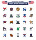 USA Happy Independence DayPictogram Set of 25 Simple Flat Filled Lines of american; hot dog; american; corn dog; political