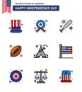 USA Happy Independence DayPictogram Set of 9 Simple Flat Filled Lines of camp; tent free; baseball; american ball; rugby