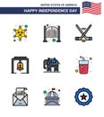 USA Happy Independence DayPictogram Set of 9 Simple Flat Filled Lines of elephent; christmas bell; entrance; bell; american