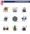 USA Happy Independence DayPictogram Set of 9 Simple Flat Filled Lines of play; cook; white; bbq; usa