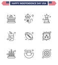 USA Happy Independence DayPictogram Set of 9 Simple Lines of american; sports; trophy; rugby; wine