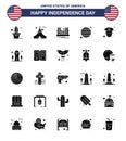 USA Happy Independence DayPictogram Set of 25 Simple Solid Glyph of man; flag; bridge; country; tourism