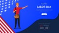 USA Happy Labor Day holiday discount banner  Labor Day template with American national flag on navy blue background and worker Royalty Free Stock Photo