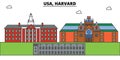 Usa, Harvard outline skyline, american flat thin line icons, landmarks, illustrations. Usa, Harvard cityscape, american