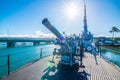 USA, HAWAII - June 23, 2022: USS Bowfin Submarine and Admiral Clarey Bridge, also known as the Ford Island Bridge in Pearl Harbor Royalty Free Stock Photo