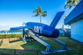 USA, HAWAII - June 23, 2022: USS Bowfin Submarine and Admiral Clarey Bridge, also known as the Ford Island Bridge in Pearl Harbor Royalty Free Stock Photo