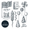 USA holidays symbols. Vector sketch illustration. Isolated design elements for USA Independence Day. 4 of July icons Royalty Free Stock Photo
