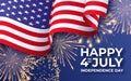 USA Independence day. Banner with waving American national flag and fireworks. 4th of July poster template