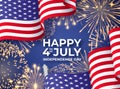 USA Independence day. Banner with waving American national flags and fireworks. 4th of July poster template Royalty Free Stock Photo
