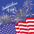 USA Independence day. Banner with waving American national flags and fireworks. 4th of July vector poster template Royalty Free Stock Photo