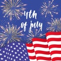 USA Independence day. Banner with waving American national flags and fireworks. 4th of July vector poster template Royalty Free Stock Photo