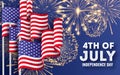 USA Independence day. Big banner with waving American national flags and fireworks. 4th of July poster template Royalty Free Stock Photo