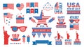 USA independence day bundle. Flags, red blue stars labels and banners. Isolated american symbols vector set Royalty Free Stock Photo