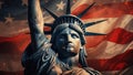 USA Independence Day Concept. Statue of Liberty in front of American Flag extreme closeup Royalty Free Stock Photo