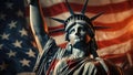 USA Independence Day Concept. Statue of Liberty in front of American Flag extreme closeup Royalty Free Stock Photo