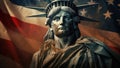 USA Independence Day Concept. Statue of Liberty in front of American Flag extreme closeup Royalty Free Stock Photo