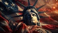 USA Independence Day Concept. Statue of Liberty in front of American Flag extreme closeup. Generative AI. Royalty Free Stock Photo