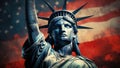 USA Independence Day Concept. Statue of Liberty in front of American Flag extreme closeup Royalty Free Stock Photo