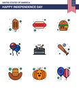 USA Independence Day Flat Filled Line Set of 9 USA Pictograms of music; drum; fast; american; bloons